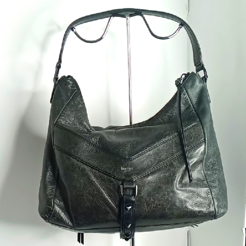 Botkier Dark Gunmetal Gray Distressed Leather Hobo Shoulder Bag